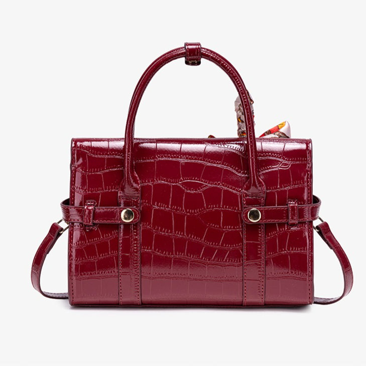 Gentle Glossy Croc Vegan Eco-Leather Satchel Clutch Bag with Silk Scarf Charm