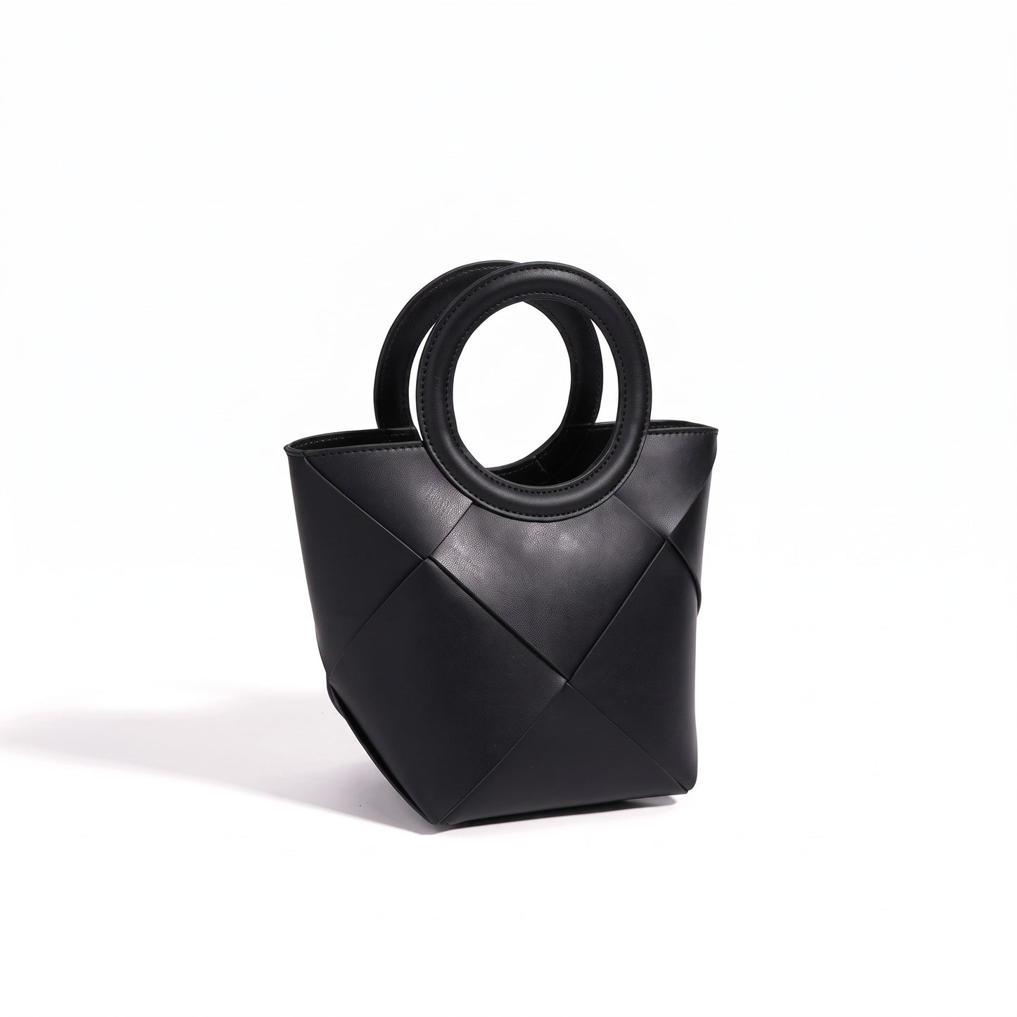 Refined Geometric Woven Genuine Leather Mini Bucket Clutch Bag