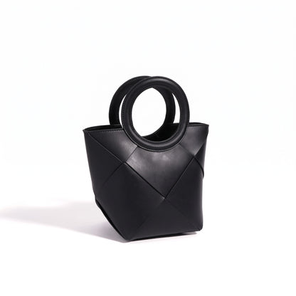 Refined Geometric Woven Genuine Leather Mini Bucket Clutch Bag