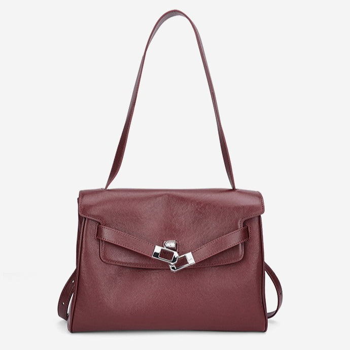 Vintage Lock-Accent Satchel Crossbody Genuine Leather Bag