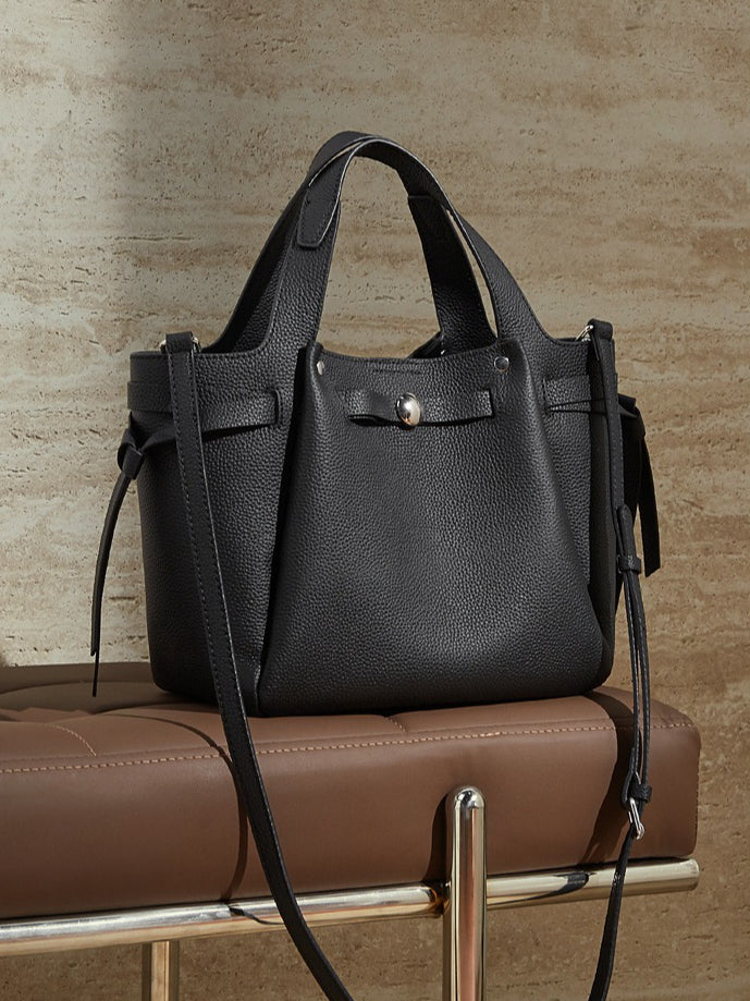 The Pebbled Genuine Leather Mini Bucket Tote Bag with Turn-Lock Closure