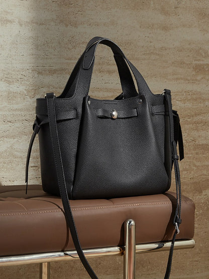 The Pebbled Genuine Leather Mini Bucket Tote Bag with Turn-Lock Closure