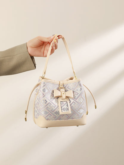 Delicate Geometric Vegan Eco-Leather Petite Bucket Clutch Bag with Bow Knot Charm