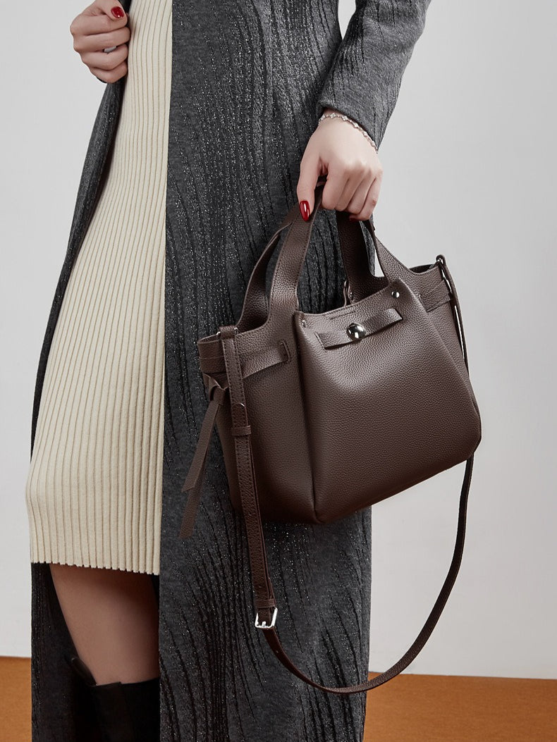 The Pebbled Genuine Leather Mini Bucket Tote Bag with Turn-Lock Closure