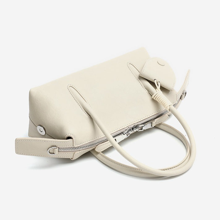 Minimalist Genuine Leather Boston Clutch Bag with Detachable Leather Tag Charm