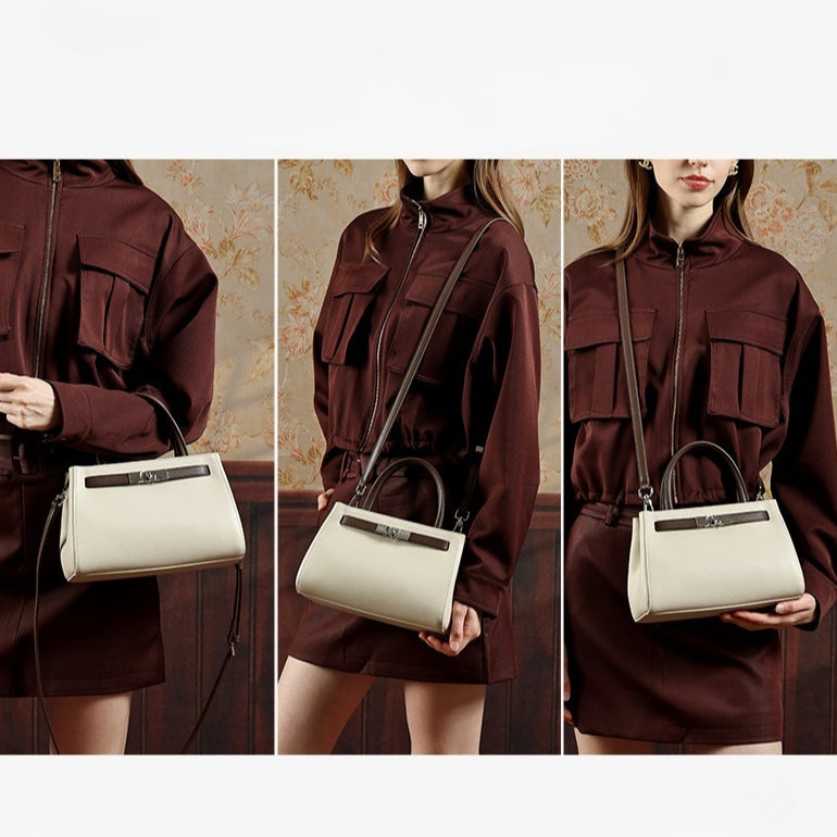 Textured Genuine Leather Kelly Satchel Elegant Crossbody Bag