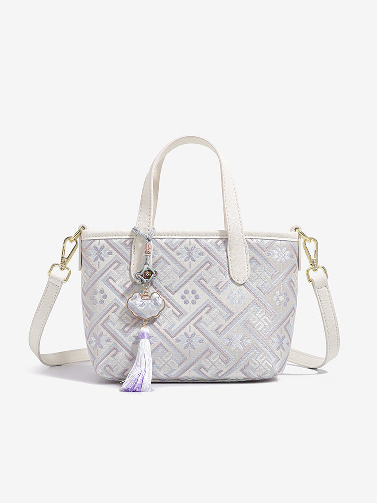 Mellow Oriental Jacquard Vegan Eco-Leather Tote Clutch Bag with Tassel Charm