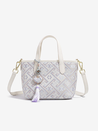 Mellow Oriental Jacquard Vegan Eco-Leather Tote Clutch Bag with Tassel Charm