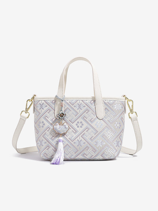 Mellow Oriental Jacquard Vegan Eco-Leather Tote Clutch Bag with Tassel Charm