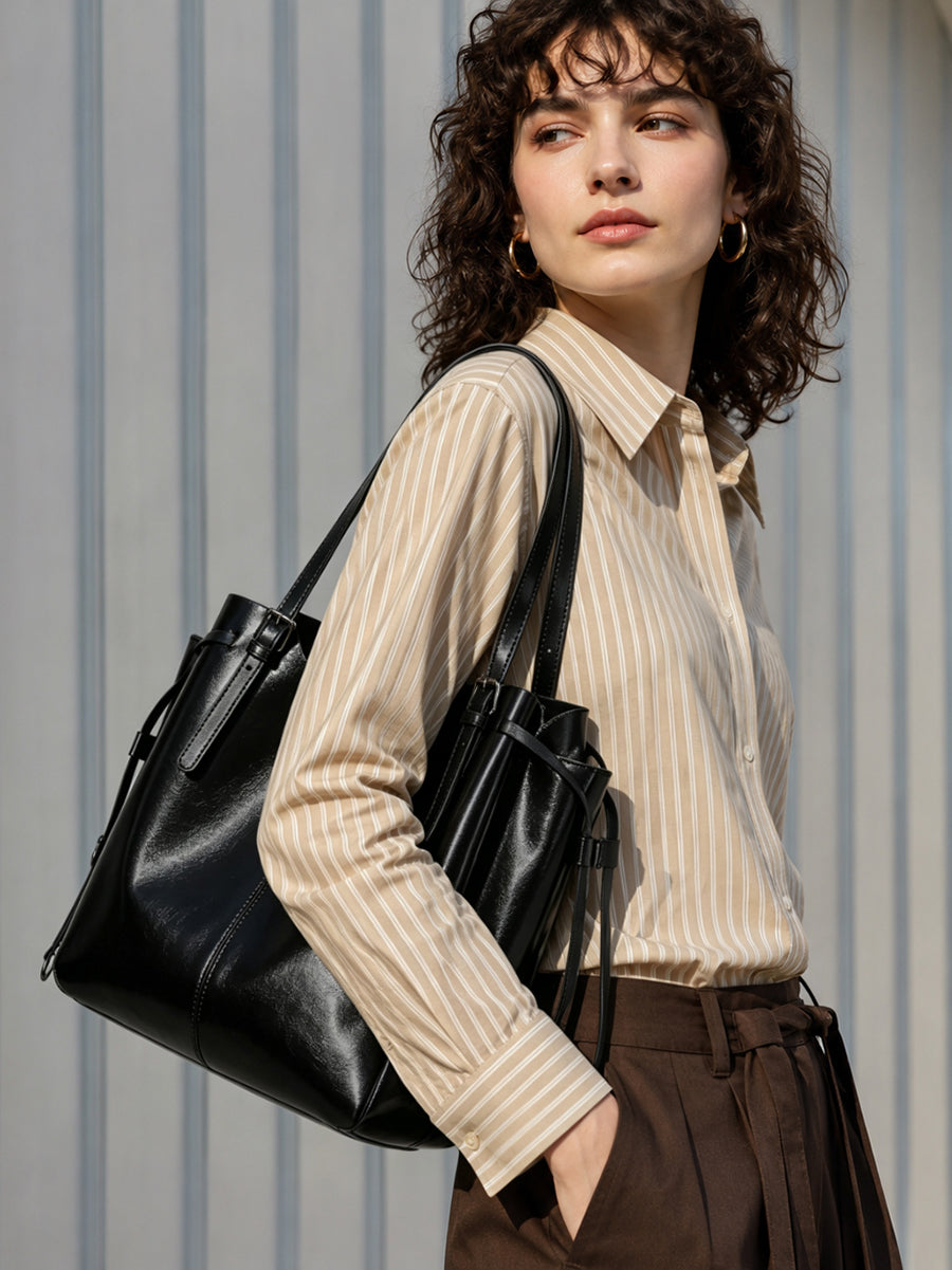 Classic Maillard Genuine Leather Large Capacity Tote Clutch Bag