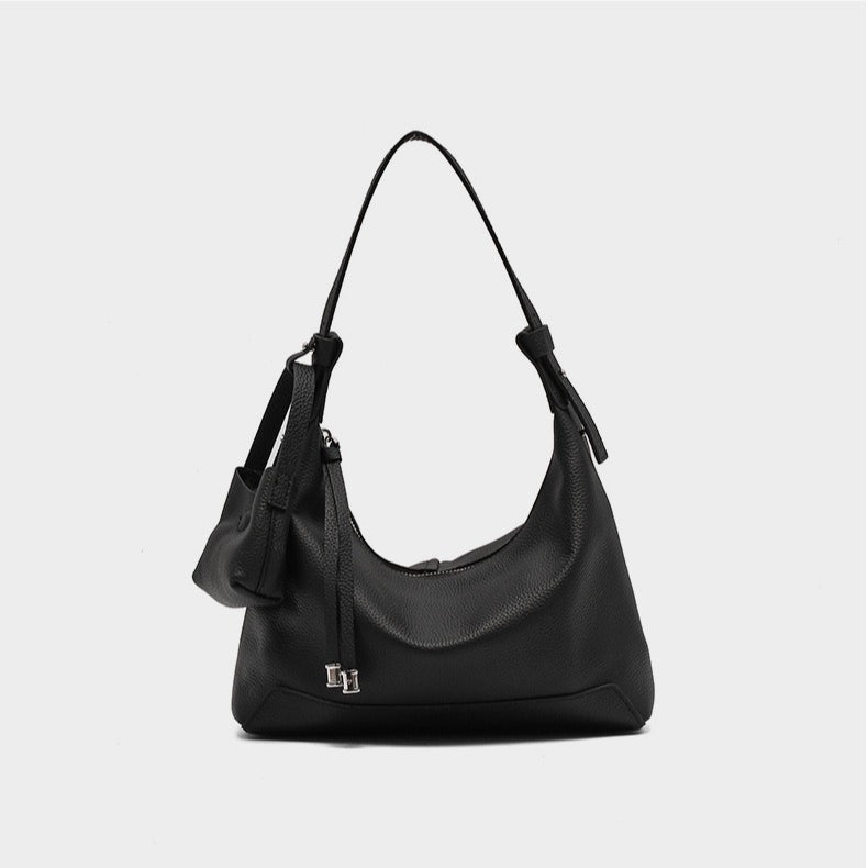 The Ethereal Slouchy Genuine Leather Bag - Minimalist Pebbled Hobo with Mini Pouch