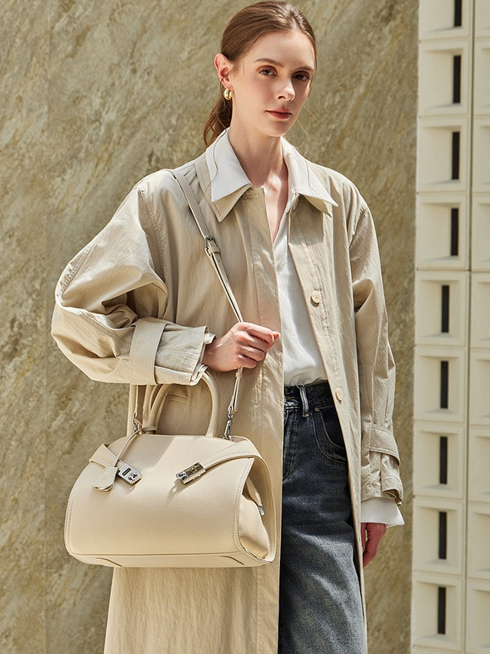 Luxury Retro Genuine Leather Lychee Pattern Double Buckle Tote Crossbody Bag