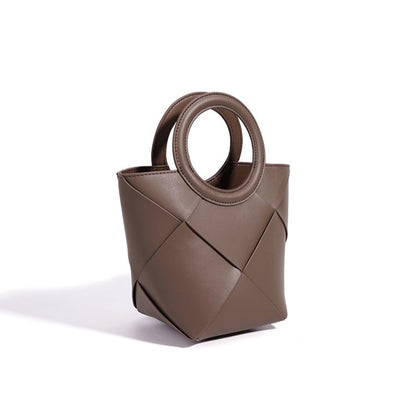 Refined Geometric Woven Genuine Leather Mini Bucket Clutch Bag