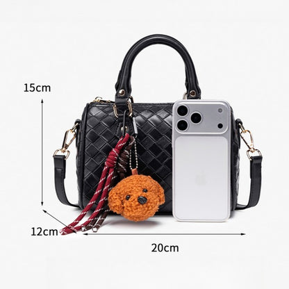 Exquisite Woven Vegan Eco-Leather Boston Clutch Bag with Playful Teddy Charm