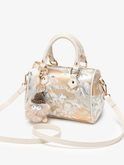 Delicate Crane Vegan Eco‑Leather Barrel Clutch Bag with Playful Charm
