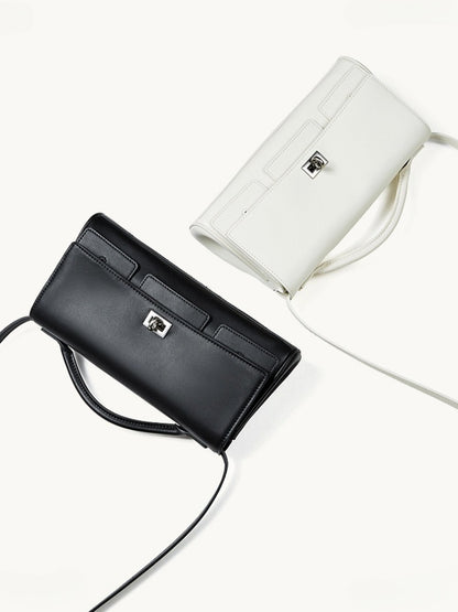 The Linear Turn-Lock Genuine Leather Bag | Minimalist East-West Handbag