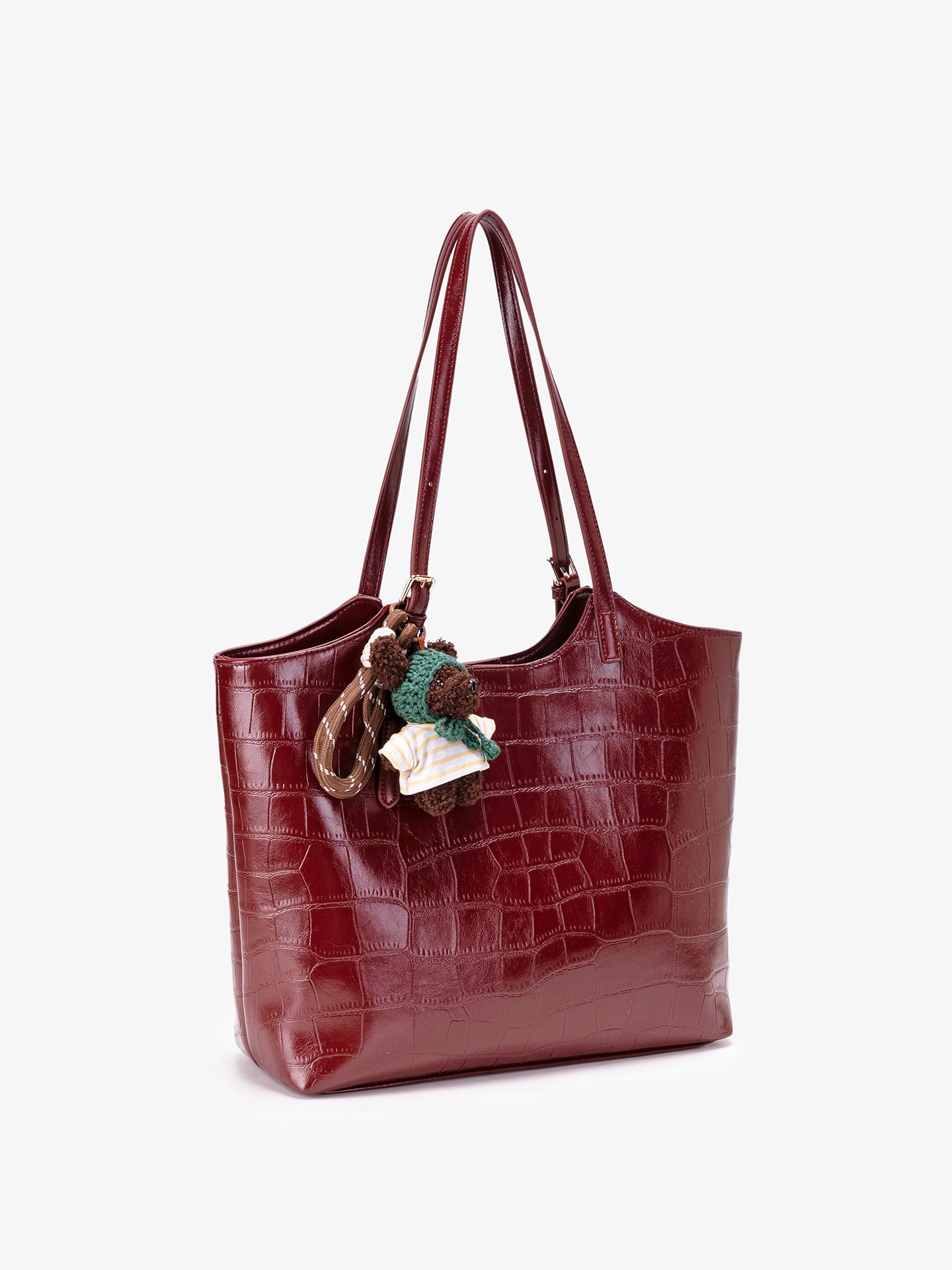 Glossy Croc Vegan Eco-Leather Shoulder Tote Bag With Bear Charm