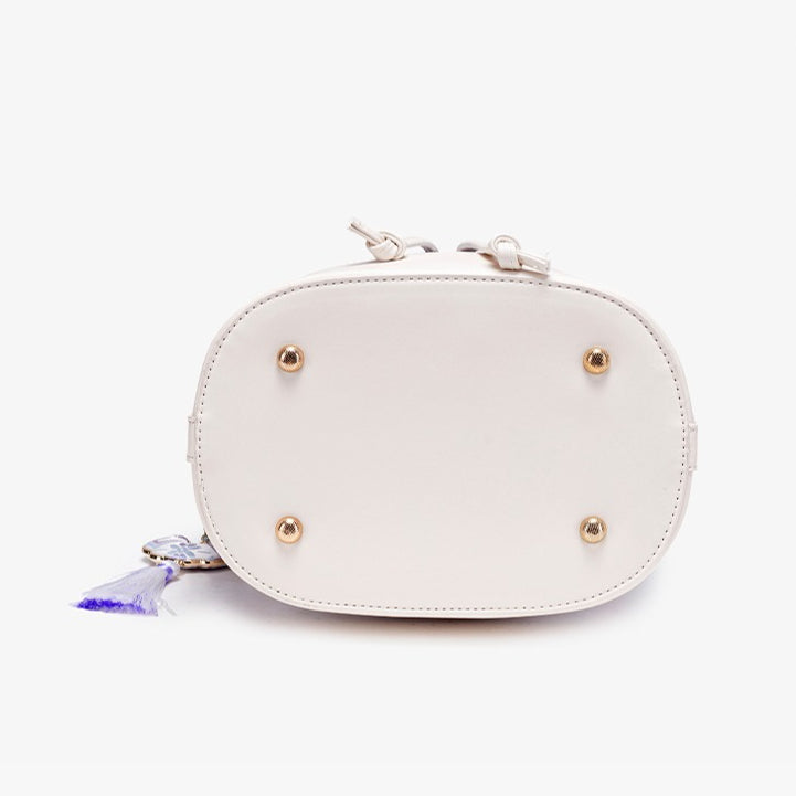 Gentle Oriental Brocade Vegan Eco-Leather Bucket Clutch Bag with Tassel Charm