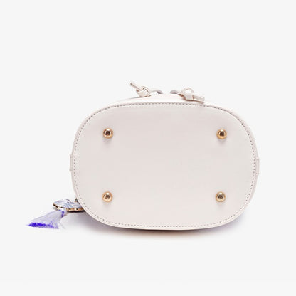 Gentle Oriental Brocade Vegan Eco-Leather Bucket Clutch Bag with Tassel Charm