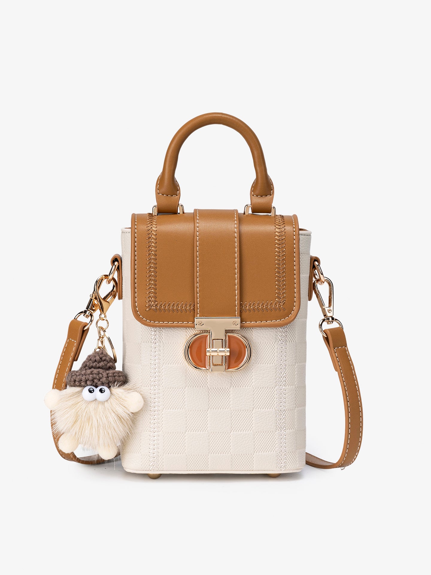 Elegant Color-Block Vegan Eco-Leather Clutch Phone Bag with Fluffy Charm