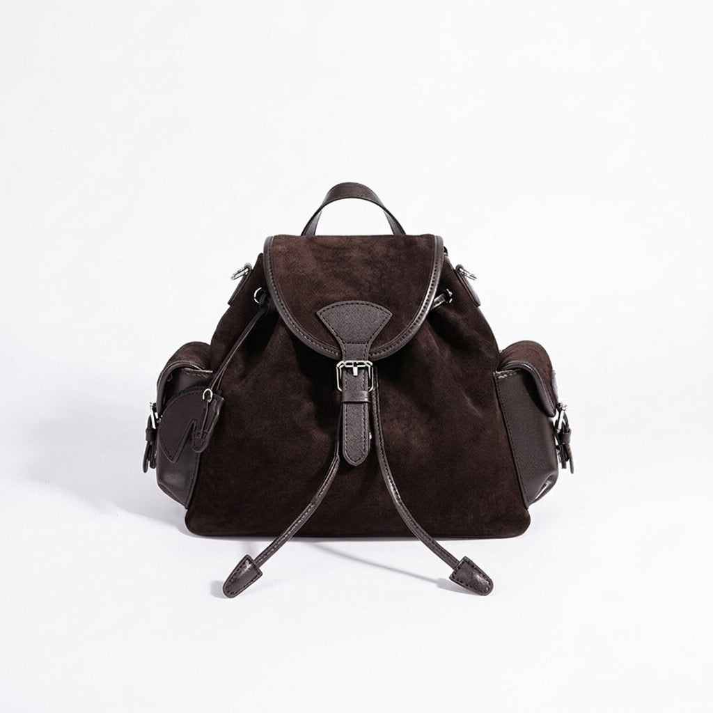 Mochila vintage de cuero genuino de ante con solapa y cordón