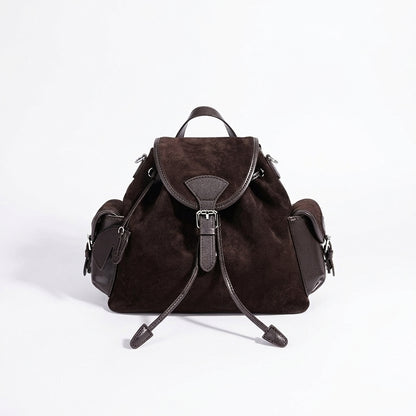Mochila vintage de cuero genuino de ante con solapa y cordón