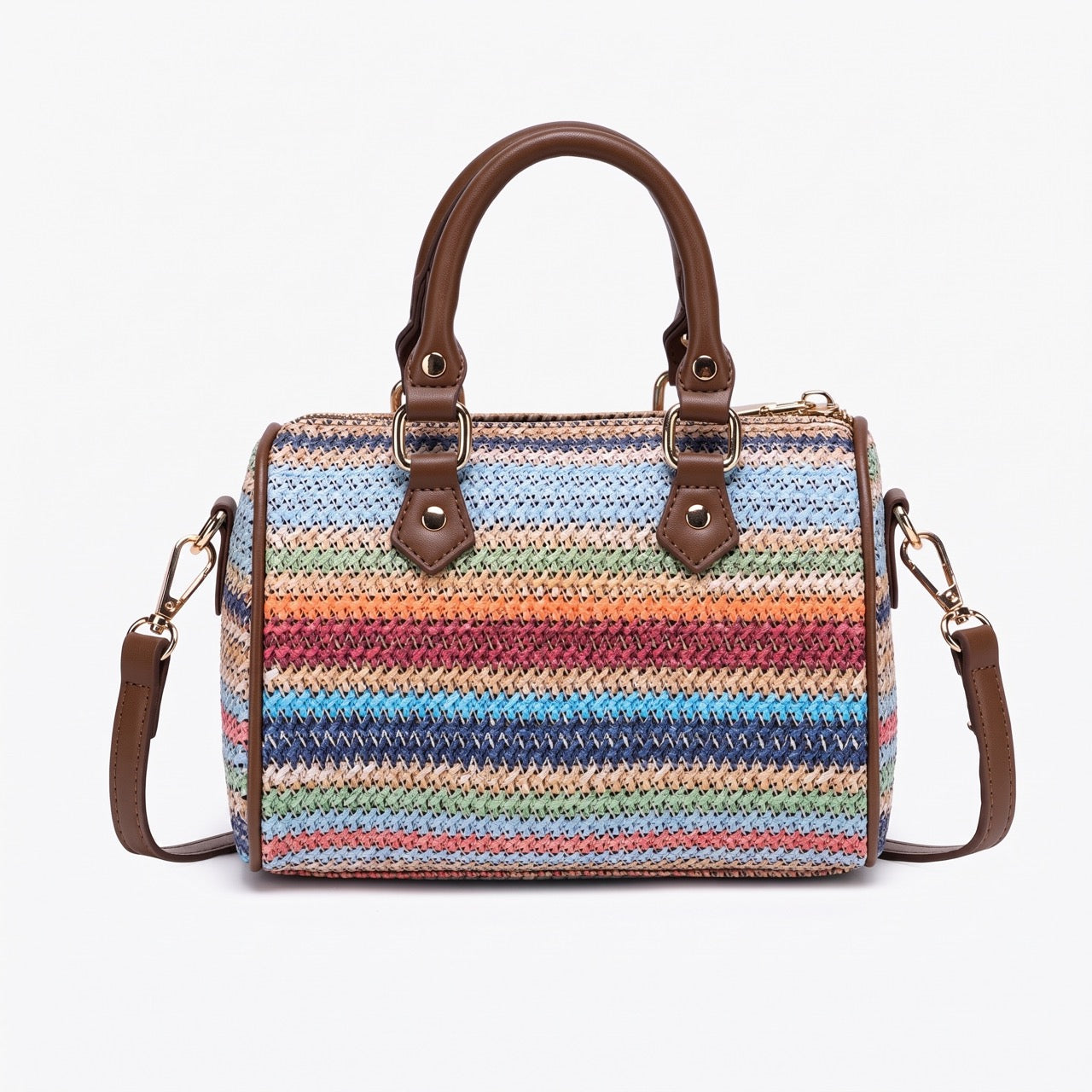 Romantic Striped Woven Vegan Eco‑Leather Mini Boston Clutch Bag
