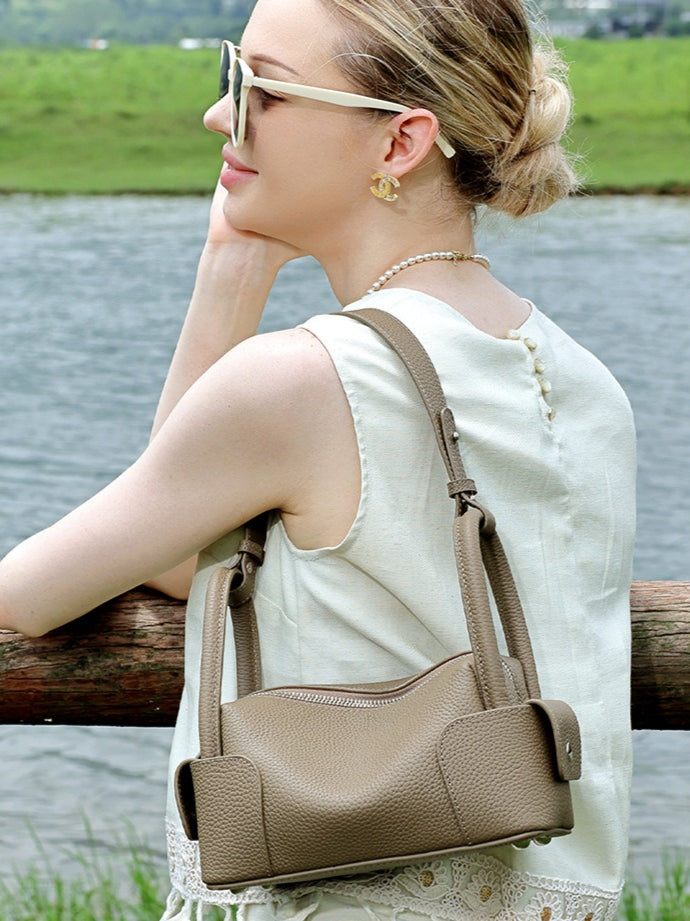 Architectural Pebbled Genuine Leather Boston Clutch Bag