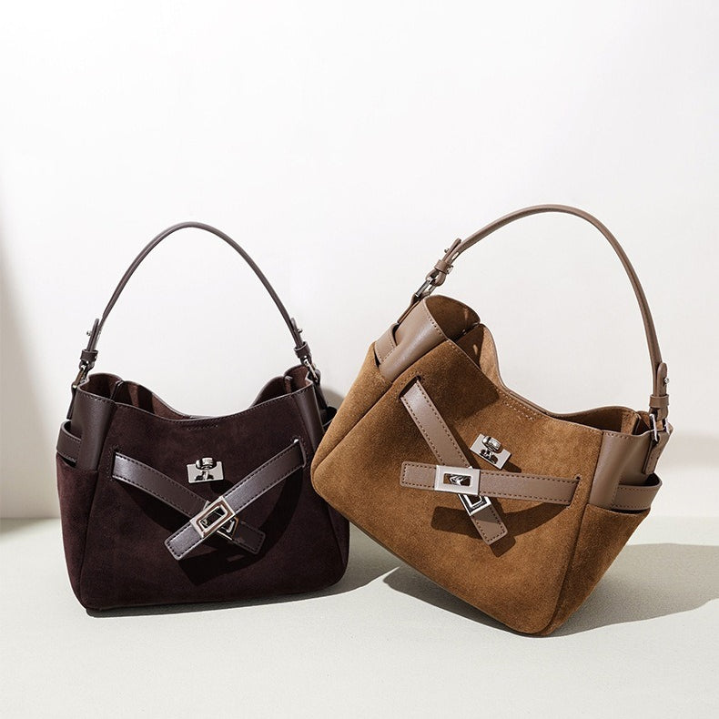 Effortless Suede Genuine Leather Bucket Clutch Bag