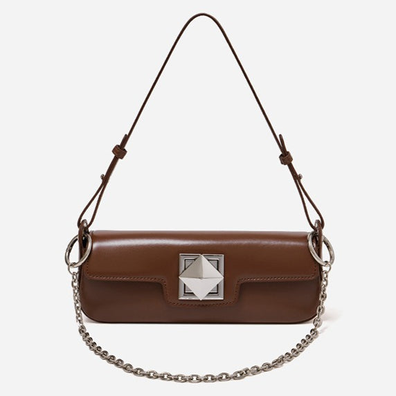 Minimalist Smooth Genuine Leather Silver Buckle Baguette Bag