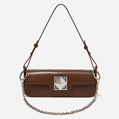 Minimalist Smooth Genuine Leather Silver Buckle Baguette Bag