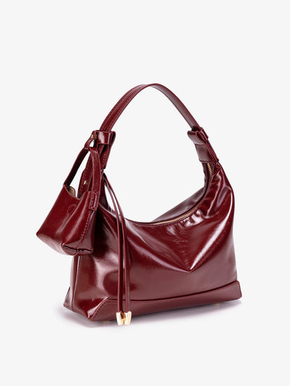 Retro Glossy Vegan Eco-Leather Hobo Bag with Mini Pouch