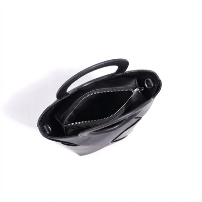 Refined Geometric Woven Genuine Leather Mini Bucket Clutch Bag