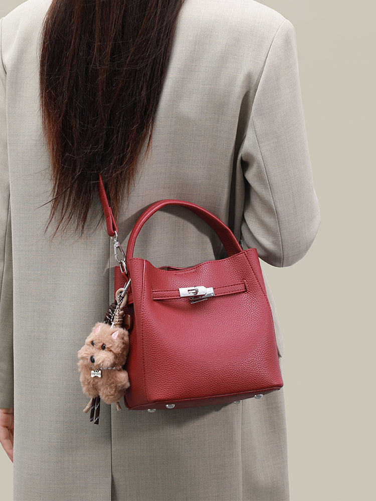 Minimalist Vegan Eco-Leather Mini Bucket Clutch Bag with Lovely Dog Charm