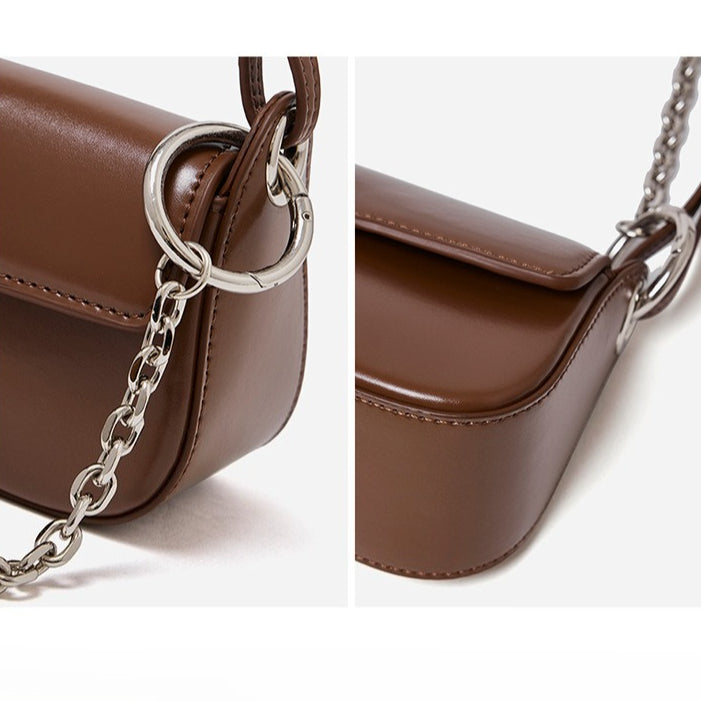 Minimalist Smooth Genuine Leather Silver Buckle Baguette Bag
