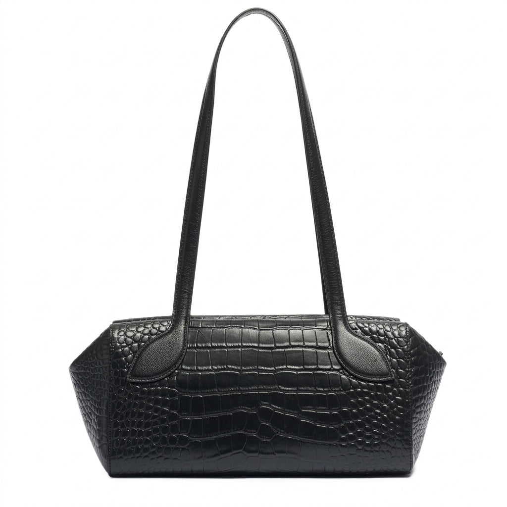 Sleek Luxe Croc Embossed Genuine Leather Bowling Clutch Bag