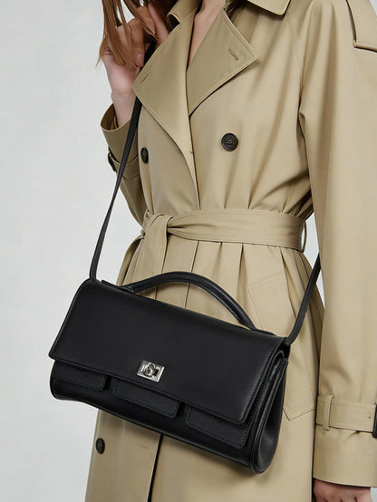 The Linear Turn-Lock Genuine Leather Bag | Minimalist East-West Handbag