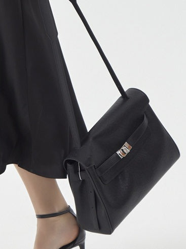 Vintage Lock-Accent Satchel Crossbody Genuine Leather Bag