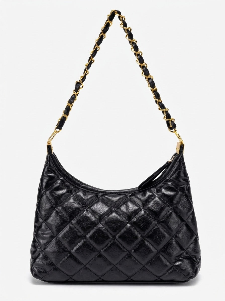 Borsa hobo pochette classica trapuntata, in ecopelle vegana, con catena