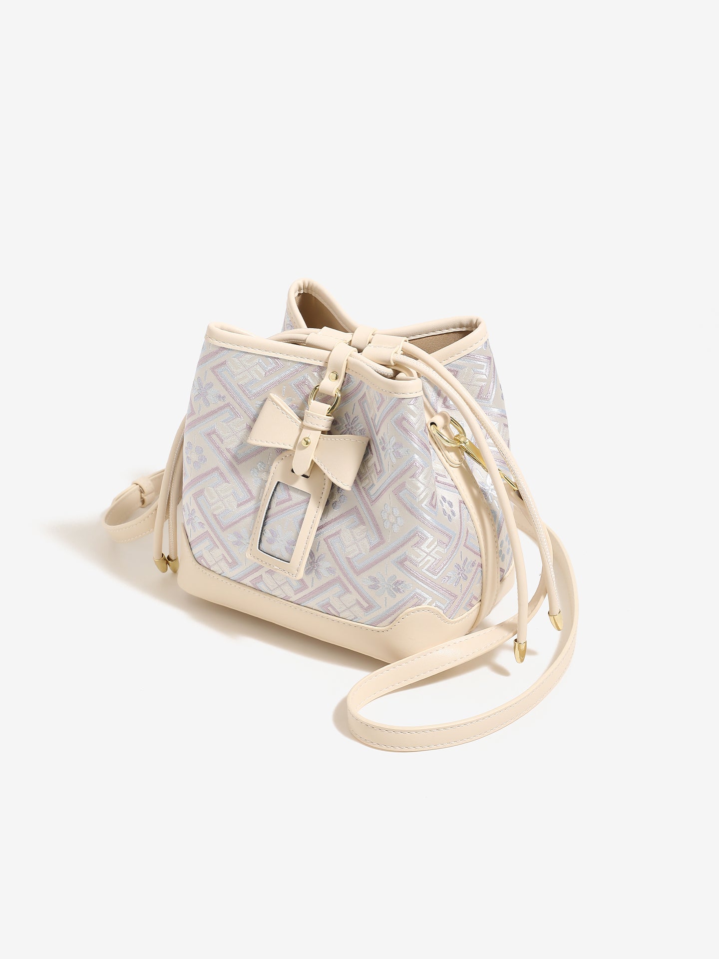 Delicate Geometric Vegan Eco-Leather Petite Bucket Clutch Bag with Bow Knot Charm