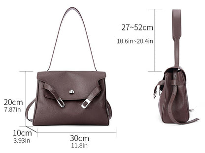 Vintage Lock-Accent Satchel Crossbody Genuine Leather Bag