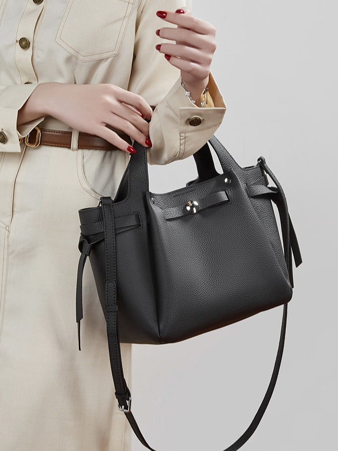 The Pebbled Genuine Leather Mini Bucket Tote Bag with Turn-Lock Closure