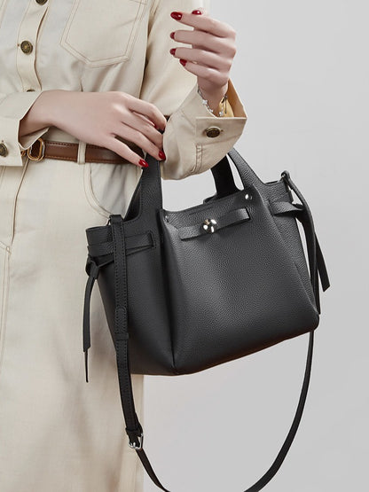 The Pebbled Genuine Leather Mini Bucket Tote Bag with Turn-Lock Closure