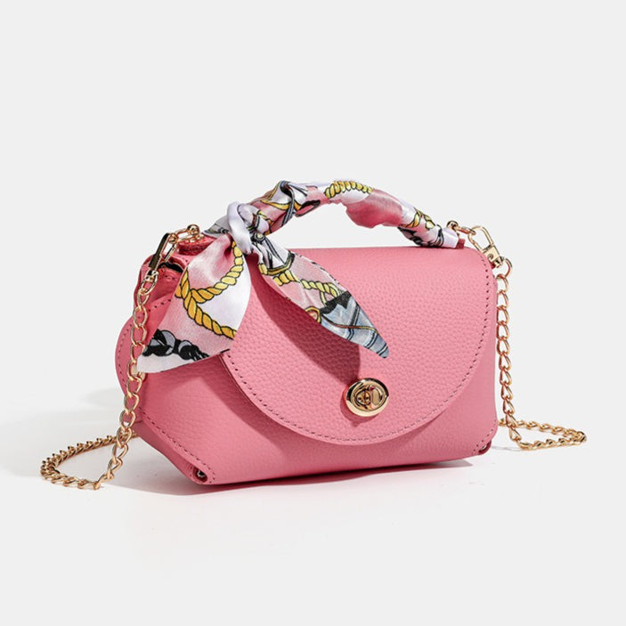 Elegant Retro Genuine Leather Chain Crossbody Shoulder Silk Scarf Handbag