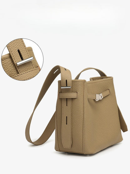Timeless Genuine Leather Bucket Bag with Polished Double-D Luxury Hardware