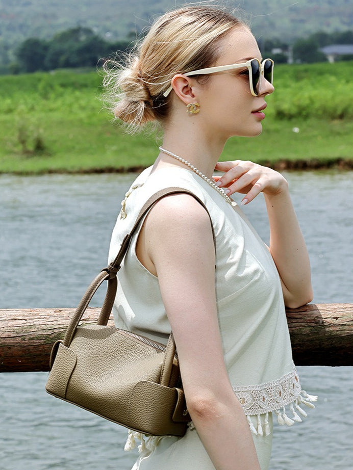 Architectural Pebbled Genuine Leather Boston Clutch Bag