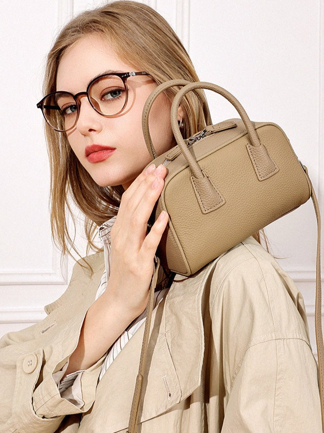 Cushiony Pebbled Genuine Leather Mini Boston Clutch Bag