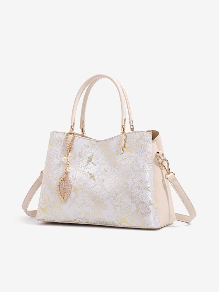 Sophisticated Oriental Jacquard Vegan Eco‑Leather Clutch Bag with Leaf Charm
