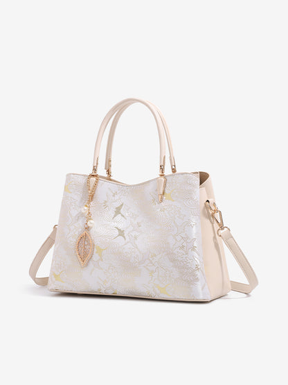 Sophisticated Oriental Jacquard Vegan Eco‑Leather Clutch Bag with Leaf Charm