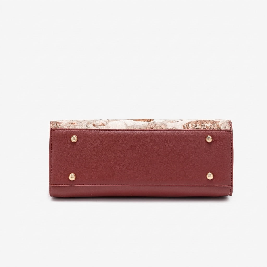 Borsa pochette elegante con fiori, ecopelle vegana e charm rotondo in metallo